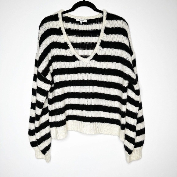 Madewell Striped Alpaca Wool Balloon Sleeve Pullover Sweater Women's B&W Size L - Picture 3 of 6